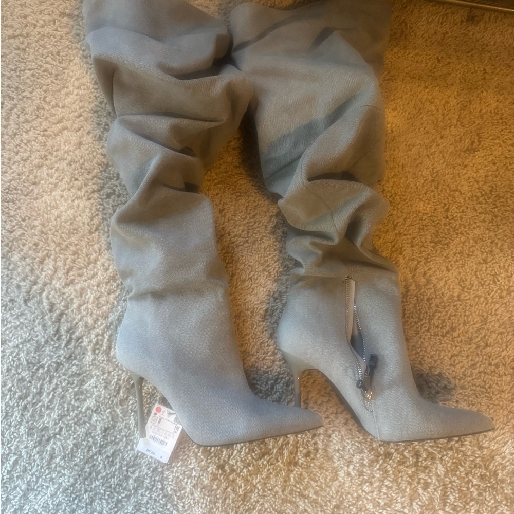 Zara Elegant Light Gray Over the Knee Boots